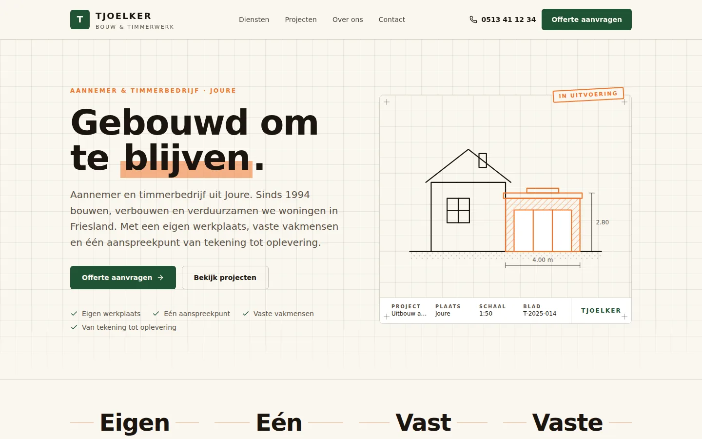 Website voor Tjoelker Bouw & Timmerwerk, ontworpen en gebouwd door WebLume
